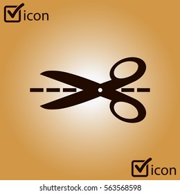 Scissors with-cut lines icon. Badge place of cutting.