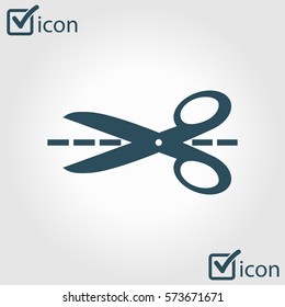 Scissors with-cut lines icon. Badge place of cutting.