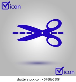 Scissors with-cut lines icon. Badge place of cutting.