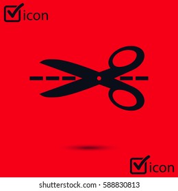 Scissors with-cut lines icon. Badge place of cutting.