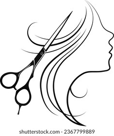 Schere und Frau Gesicht Silhouette mit Falten von Haaren. Schönheitssalon und Friseur-Symbol