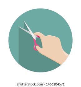 Scissors in a woman's hand. Hobbies and paper crafts. Flat vector illustration