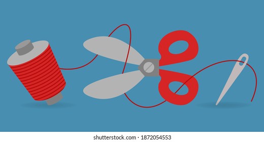 Scissors, yarn and needle on blue background
