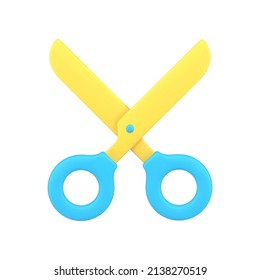 Scissors with yellow sharp blade 3d icon vector illustration. Cutting symbol of barbershop, hairdressing salon, grooming and hairstyling isolated. Stylist accessory for chopping or slicing