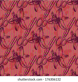 Scissors and zinnia flower sketch, vector seamless pattern