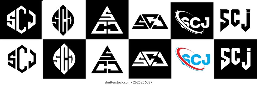 SCJ letter logo design in six style. SCJ polygon, circle, triangle, hexagon, flat and simple style with black and white color variation letter logo set in one artboard. SCJ minimalist and classic logo