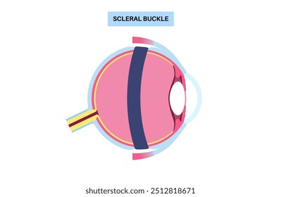 Cirurgia da fivela escleral. Procedimento usado para reparar o descolamento da retina colocando uma faixa de silicone ao redor do olho para aliviar a tração da retina. Restaurar a visão e prevenir a ilustração do vetor de cegueira