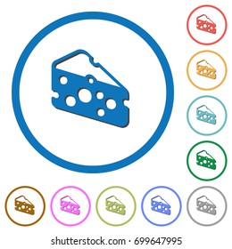 Sclice of cheese flat color vector icons with shadows in round outlines on white background