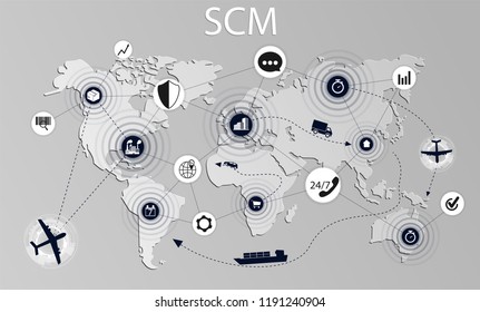 SCM concept illustration. Modern logistics, supply chain management. Delivery stages on the world map.  Supply Chain Management concept banner. Vector illustration 