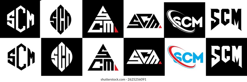 SCM letter logo design in six style. SCM polygon, circle, triangle, hexagon, flat and simple style with black and white color variation letter logo set in one artboard. SCM minimalist and classic logo