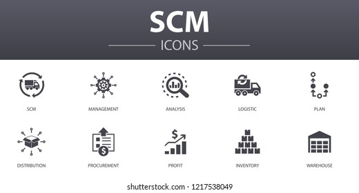 SCM simple concept icons set. Contains such icons as management, analysis, distribution, procurement and more, can be used for web, logo, UI/UX