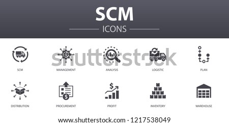 SCM simple concept icons set. Contains such icons as management, analysis, distribution, procurement and more, can be used for web, logo, UI/UX