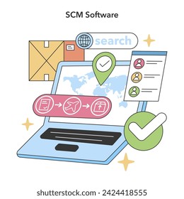 SCM Software concept. Advanced digital solution for global supply chain tracking and management. Interactive technology. Flat vector illustration