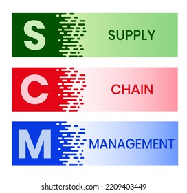 SCM - Acrónimo de gestión de la cadena de suministro. fondo de concepto de negocio. Ilustración vectorial para banner de sitio web, materiales de marketing, presentación comercial, publicidad en línea