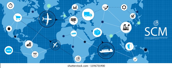 SCM - Supply Chain Management / Supply Chain Management SCM / Aspects of Modern Company Logistics Processes On a Schematic Map / Vector illustration SCM