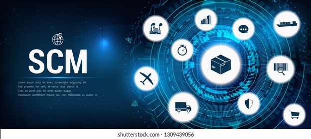 SCM - Supply Chain Management, Aspects of Modern Company Logistics Processes, business challenges design – company symbol with various business facets