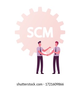 Scm, Supply Chain Management and Business Strategy Concept. Businesspeople Male Characters Shaking Hands at Huge Cogwheel Making Deal of Goods Shipping Logistics. Cartoon People Vector Illustration