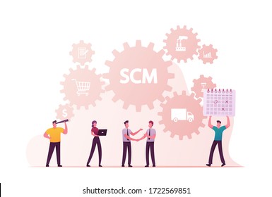 SCM, Supply Chain Management Concept. Business Characters Car Logistic and Cargo Transportation Steps. Goods Delivery Process, Export Import Over World Global Trade. Cartoon People Vector Illustration