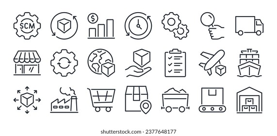 SCM supply chain management concept editable stroke outline icons set isolated on white background flat vector illustration. Pixel perfect. 64 x 64.