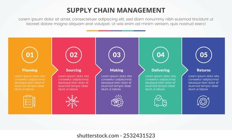 SCM supply chain management infographic concept for slide presentation with big box fullpage small arrow direction with 5 point list with flat style vector