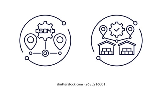 SCM, ícones de linha de gerenciamento da cadeia de fornecimento em branco