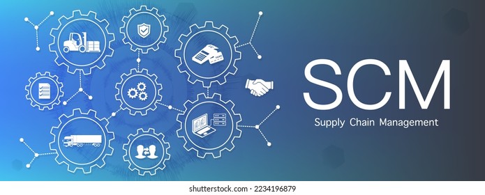 SCM. Gestión de la Cadena de Suministro. Proceso logístico moderno.  que diseña los desafíos de su negocio. Vector EPS 10.