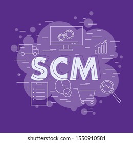 SCM - supply chain management pattern of thematical elements. Icons on background. Typography. Flat vector