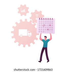 Scm, Supply Chain Management, Procurement Process of Purchasing Goods or Services with Tiny Male Business Character Hold Huge Calendar with Icons of Truck and Gears around. Cartoon Vector Illustration