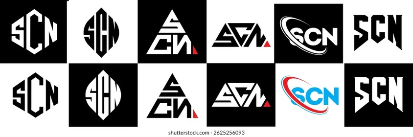 SCN letter logo design in six style. SCN polygon, circle, triangle, hexagon, flat and simple style with black and white color variation letter logo set in one artboard. SCN minimalist and classic logo