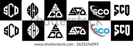 SCO letter logo design in six style. SCO polygon, circle, triangle, hexagon, flat and simple style with black and white color variation letter logo set in one artboard. SCO minimalist and classic logo