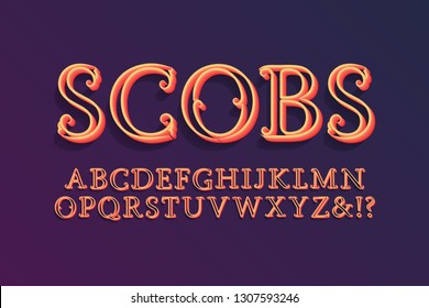 Scobs decorative alphabet. Nice 3d font. Isolated english alphabet.