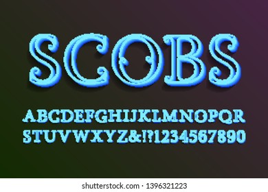 Scobs decorative letters with numbers. Vintage 3d font. Isolated english alphabet.