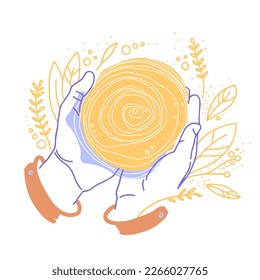Scoby mushroom in human hands, for making kombucha tea. Homemade Healthy fungus drink. Flat cartoon style. Decorative hand-drawn vector, sketch.