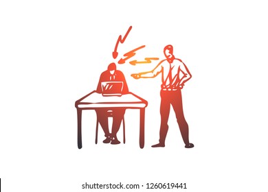 Scold, boss, work, employee, office concept. Hand drawn boss screaming on worker concept sketch. Isolated vector illustration.