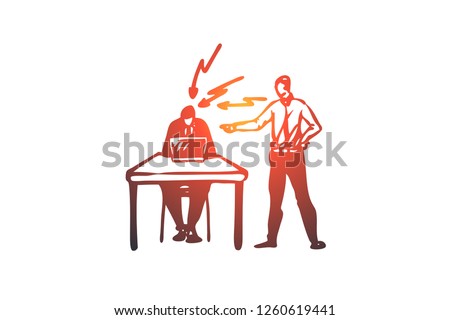 Scold, boss, work, employee, office concept. Hand drawn boss screaming on worker concept sketch. Isolated vector illustration.
