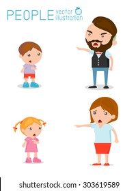 Scold children, father and  mother scolding unhappy boy. Isolated