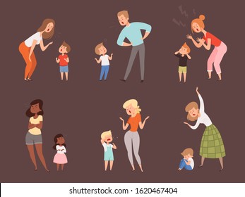 Scold children. Kids crying parents father and mother sad expression reaction vector cartoon characters