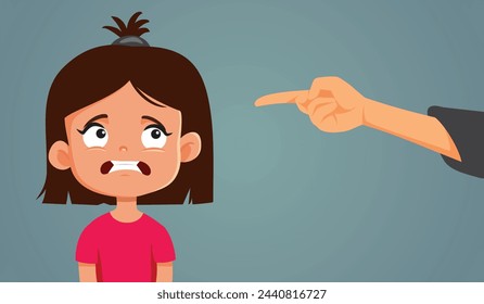 
La hija regañada se siente culpable y parece sospechosa Vector Caricatura. Padres autoritarios peleando con una niña pequeña por un error honesto 
