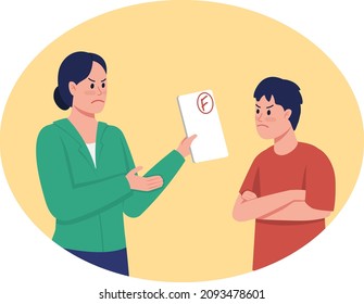 Scolding for bad academic performance 2D vector isolated illustration. Mother nagging son with poor results flat characters on cartoon background. Parent child conflict colourful scene
