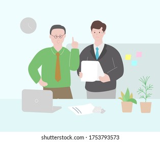 scolding businessman illustration set. boss, stress, nervous, worker. Vector drawing. Hand drawn style.