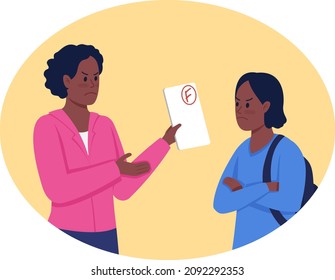 Scolding for poor grades 2D vector isolated illustration. Mom showing negative reaction to teen daughter flat characters on cartoon background. Parent kid conflict situation colourful scene