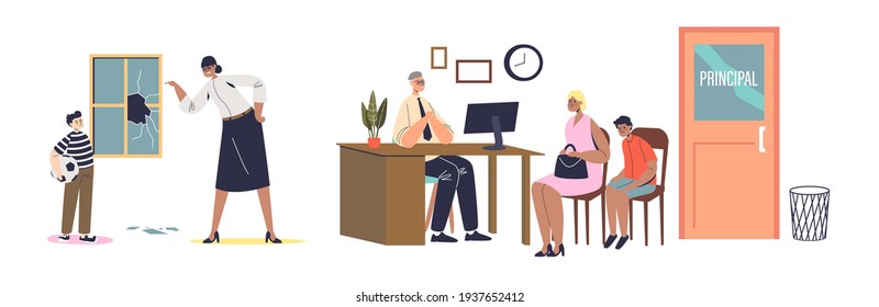 Scolding Pupils For Bad Behavior Set Of Cartoon Characters With School Teacher Screaming At Kid And Principal Meeting With Parents. Flat Vector Illustration