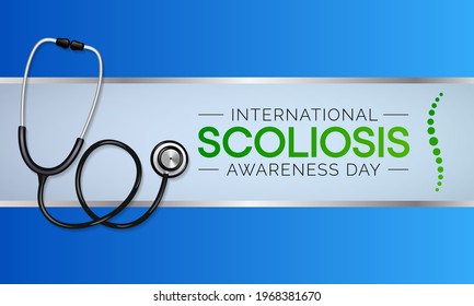 Scoliosis awareness day is observed every year in June, it is an abnormal lateral curvature of the spine. It is most often diagnosed in childhood or early adolescence. Vector illustration.