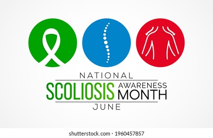 Scoliosis awareness month is observed every year in June, it is an abnormal lateral curvature of the spine. It is most often diagnosed in childhood or early adolescence. Vector illustration.