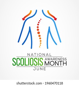 Scoliosis awareness month is observed every year in June, it is an abnormal lateral curvature of the spine. It is most often diagnosed in childhood or early adolescence. Vector illustration.