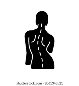 Scoliosis black glyph icon. Sideways curve. Uneven hips and shoulders. Pinched nerves. Abnormal spine sideways curvature. Silhouette symbol on white space. Vector isolated illustration