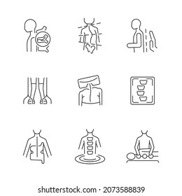 Scoliosis diagnosis and treatment linear icons set. Spinal problems. Spine correction exercises. Customizable thin line contour symbols. Isolated vector outline illustrations. Editable stroke