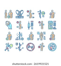 Scoliosis Disease Collection doodle icons set vector. Corset Surgery Medical Operation For Treatment Kyphosis Scoliosis Health Problem