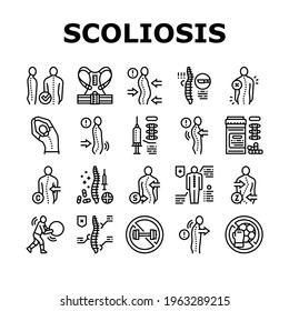 Scoliosis Disease Collection Icons Set Vector. Corset And Surgery Medical Operation For Treatment Kyphosis And Scoliosis Health Problem Black Contour Illustrations