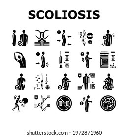 Scoliosis Disease Collection Icons Set Vector. Corset And Surgery Medical Operation For Treatment Kyphosis And Scoliosis Health Problem Glyph Pictograms Black Illustrations